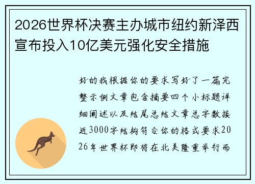 2026世界杯决赛主办城市纽约新泽西宣布投入10亿美元强化安全措施