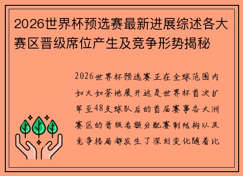 2026世界杯预选赛最新进展综述各大赛区晋级席位产生及竞争形势揭秘