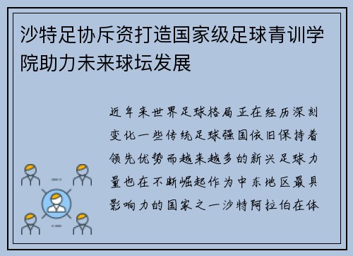沙特足协斥资打造国家级足球青训学院助力未来球坛发展